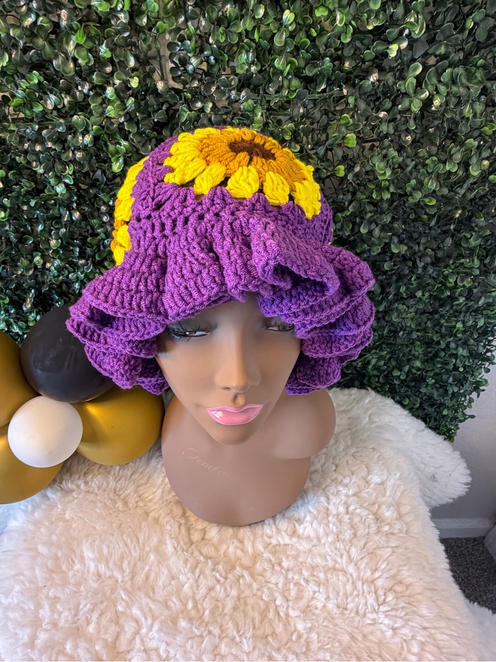 Handmade Purple Crochet Sunflower Bucket Hat with Yellow Accents